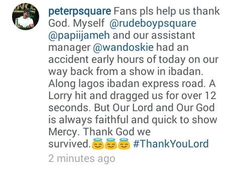 P-square Escape Unhurt From An Accident Along Lagos Ibadan Expressway 