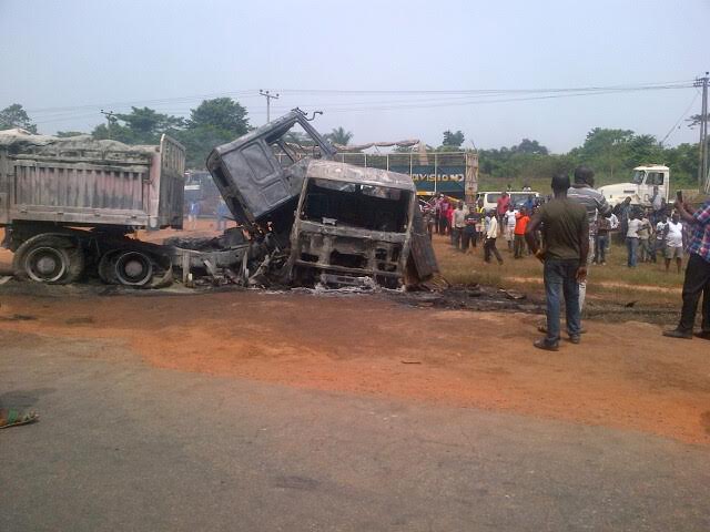 Many Feared Dead!!! Dangote Truck Runs Into Cars, Burst Into Flames In Asaba, 