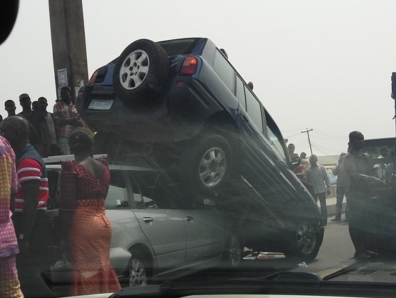 OMG!!!!!! SUV Climbs Over Another Car In Accident On Oshodi-apapa Road 