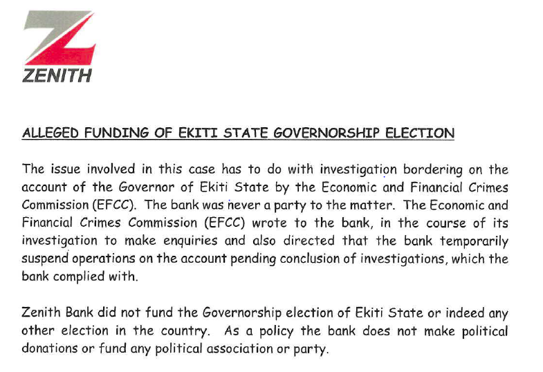 Zenith Bank Issues Press Release, Denies Funding Fayose's Election And managing Ekiti State Government Account 8