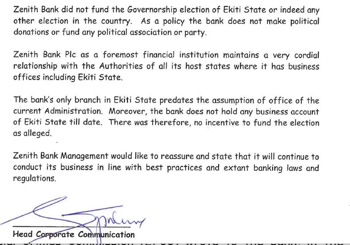 Zenith Bank Issues Press Release, Denies Funding Fayose's Election And managing Ekiti State Government Account 9