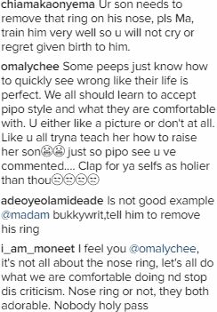 You Lack Home Training; Fans Blast Bukky Wright’s Son, Ojayy For Wearing Nose Ring  