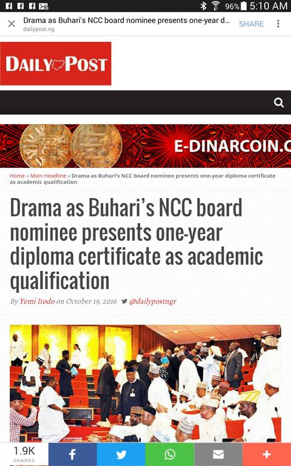 Drama As Buhari’s NCC Board Nominee Presents One-Year Diploma Certificate