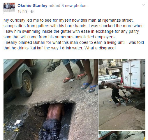 Man Swims Inside Gutter In Owerri, Scoops Dirts With Bare Hands 