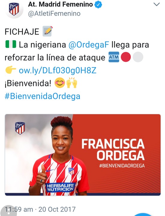 24 years Nigerian Francisca Ordega Signs For Athletico Madrid Women