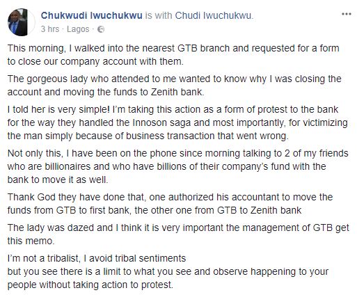 Man Closes Company Account With GT Bank Over Innoson Saga (Photo)