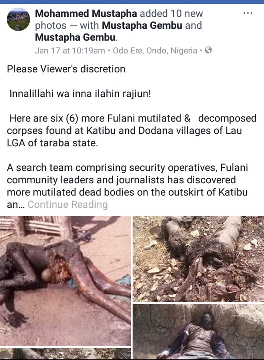 6 Dead Bodies Of Fulanis Killed In Taraba Discovered By Security (Graphic Pics) 