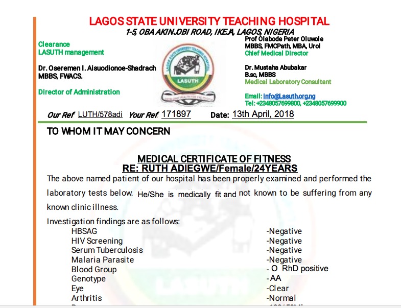 Medical Certificate For NYSC