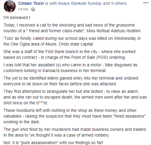 Suspected Assassins Kill Bank Staff In Ondo