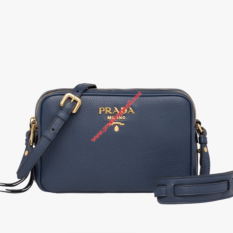 Shop - Prada 1BH082 Calf Leather Shoulder Bag In Navy Blue - Fashion ...