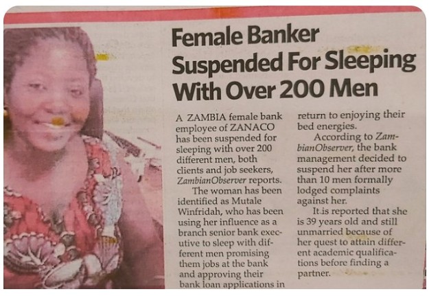 Zambie : Une banquière sanctionnée pour avoir couché avec plus de 200 hommes dont des clients