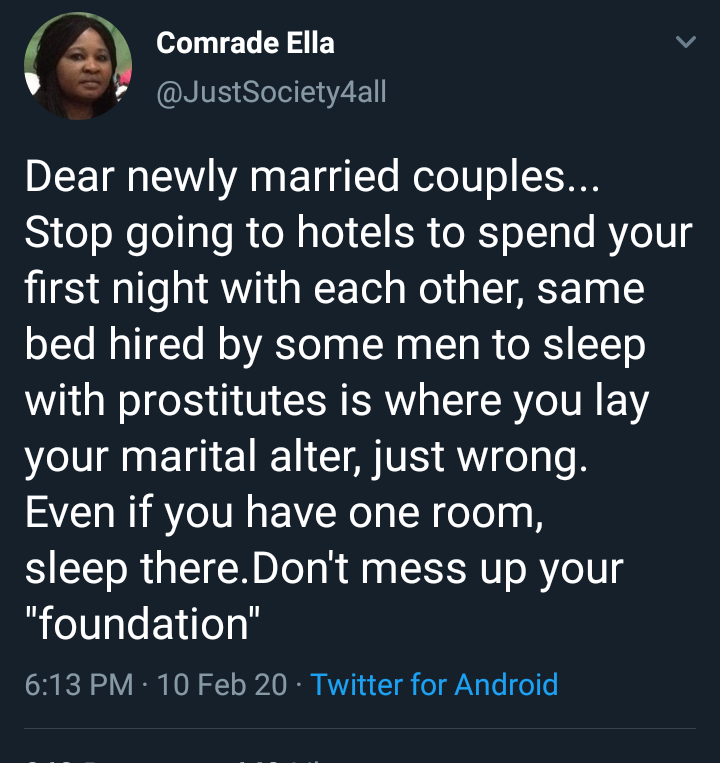  "Stop Sleeping In Hotels On Your First Night Of Marriage" - Lady Advises New Couples