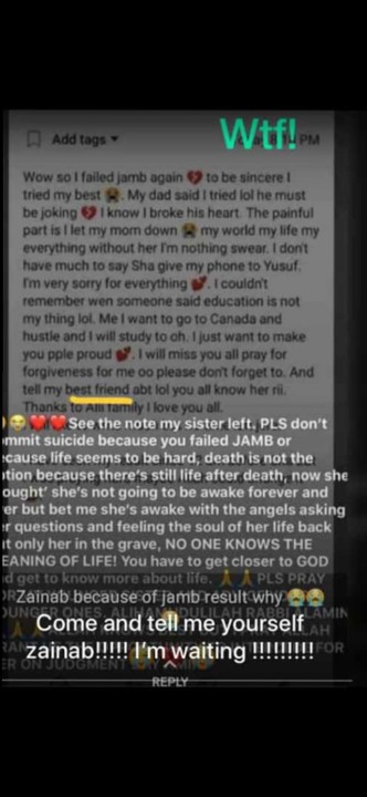 Student Commited Suicide After Seeing Her Jamb Score. Left Note For Her Parents