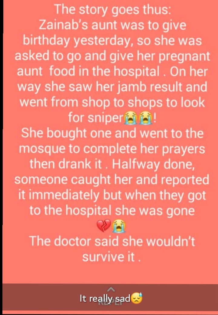 Student Commited Suicide After Seeing Her Jamb Score. Left Note For Her Parents