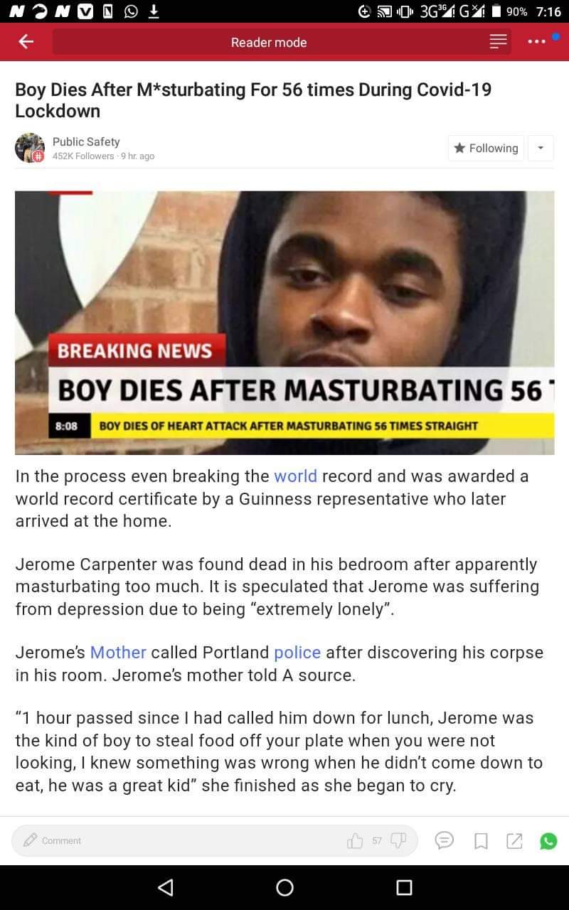 Teen died from masturbating 56 times