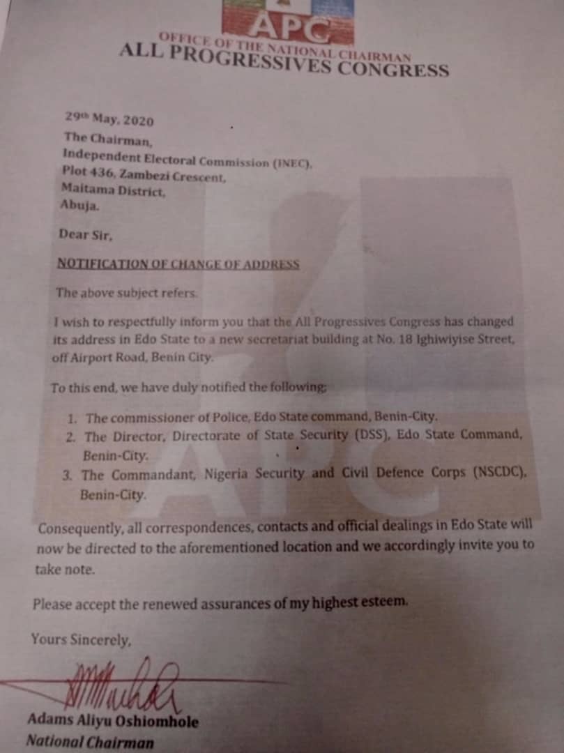 Just In: Edo APC Changes Secretariat, Oshiomhole Notifies INEC As Guber Polls Hots Up