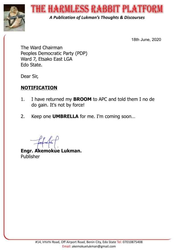 Another Funny Resignation Letter Of APC Leader In Edo - Politics - Nigeria