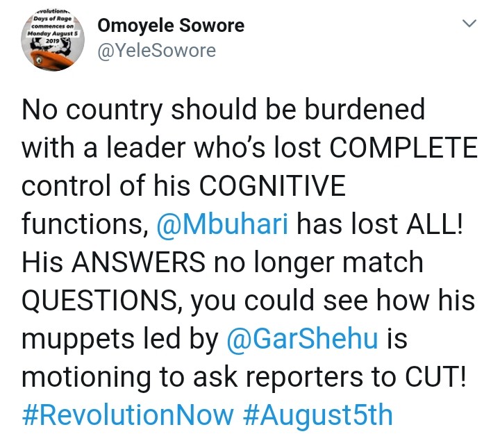 Buhari Has Lost Control Of All His Cognitive Functions (Video) – Sowore explodes