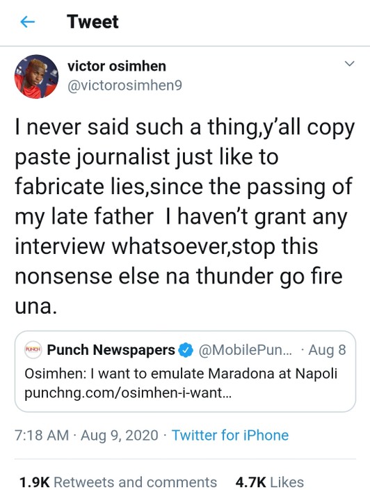 twitter - Victor Osimhen Blasts Punch Newspaper For Fabricating False Stories About Him 12095123_screenshot20200809085447twitterlite_jpeg4b8c7c3af54511be6eb739ac5a2b2e6d