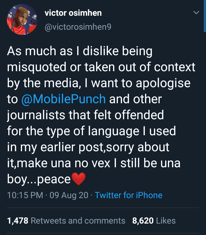 twitter - Victor Osimhen Apologizes To Punch Over "Na Thunder Go Fire Una" Statement 12098636_screenshot202008100947512_png830ca5d9f037f698e1c519d41befdb26