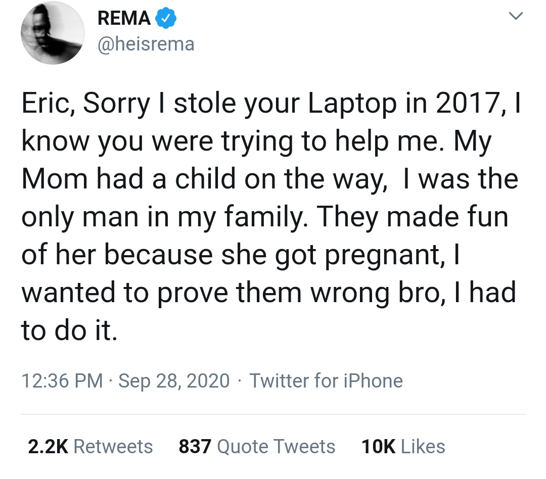 Rema - Rema Apologises For Stealing Laptop In 2017 12418685_img20200928131942_jpegb6006713d317e3950a1fa5042e2af705