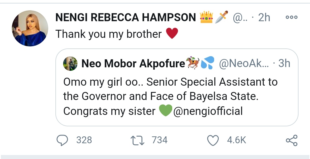Nengi Appointed SSA On Girl Child To Bayelsa Governor. Neo, Laycon, Others React
