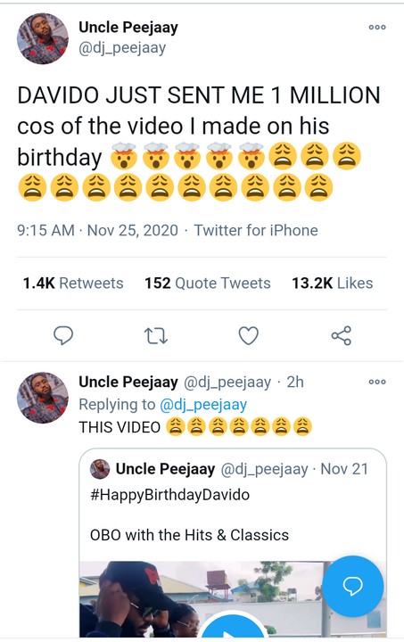 Davido - Davido Sends N1m To DJ Peejaay For Making A Video For Him On His 28th Birthday 12739784_screenshot20201125114738_jpeg52cc8533418091123c196fd4bca08bbc