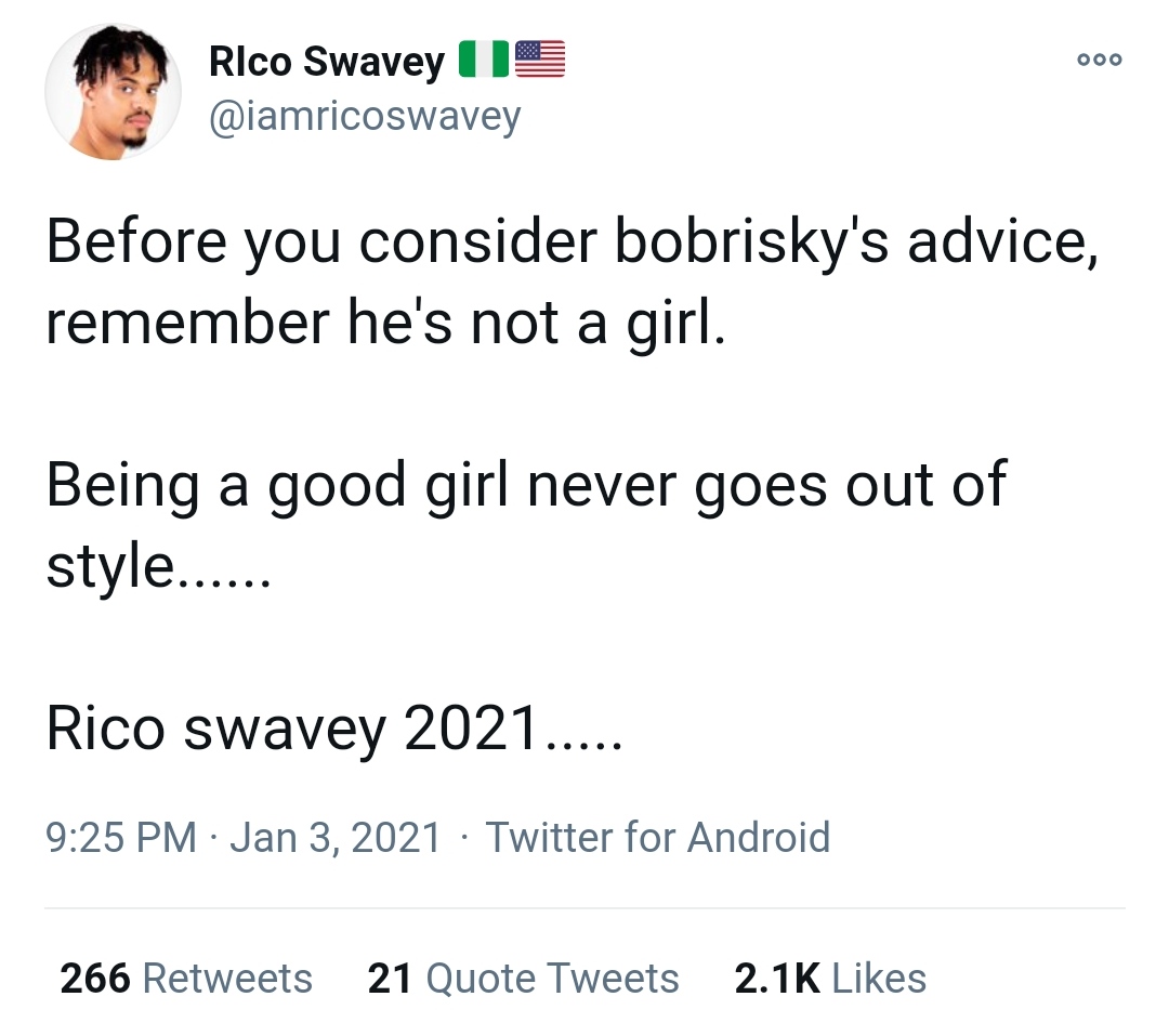 BBNaija - RicoSwavey: Before You Consider Bobrisky's Advice, Remember He Is Not A Girl 12936269_img20210104141141_jpeg8f09eb29556549be97913281b04cfa82