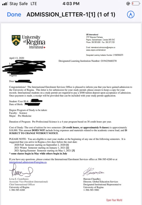 Regina Fall Offer Letter 2022 | University of Regina