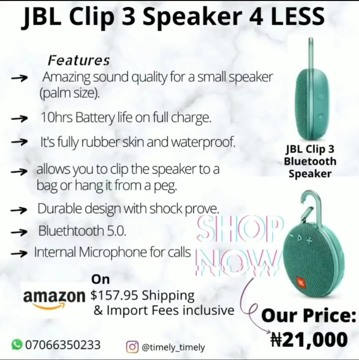 Jbl Clip 3 Portable Bluetooth Speaker - Technology Market - Nigeria
