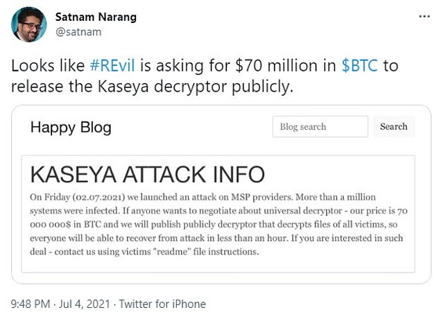 Hackers Demand $70M in Bitcoin After Kaseya Ransomware Attack