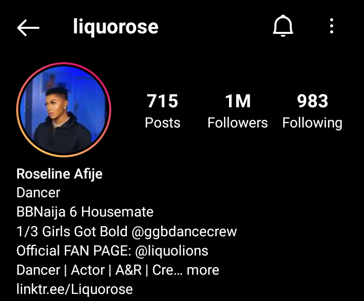 BBNaija:Liquorose Becomes First Housemate To Hit 1m Followers On Instagram