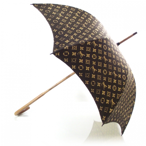 Vintage 1970s LOUIS VUITTON Wood Handle Cotton Fabric Umbrella