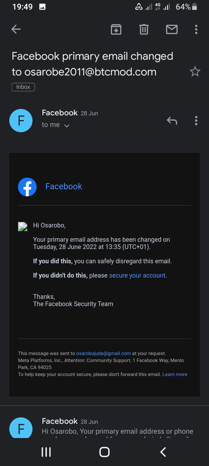 Received Facebook Primary Email Changed?