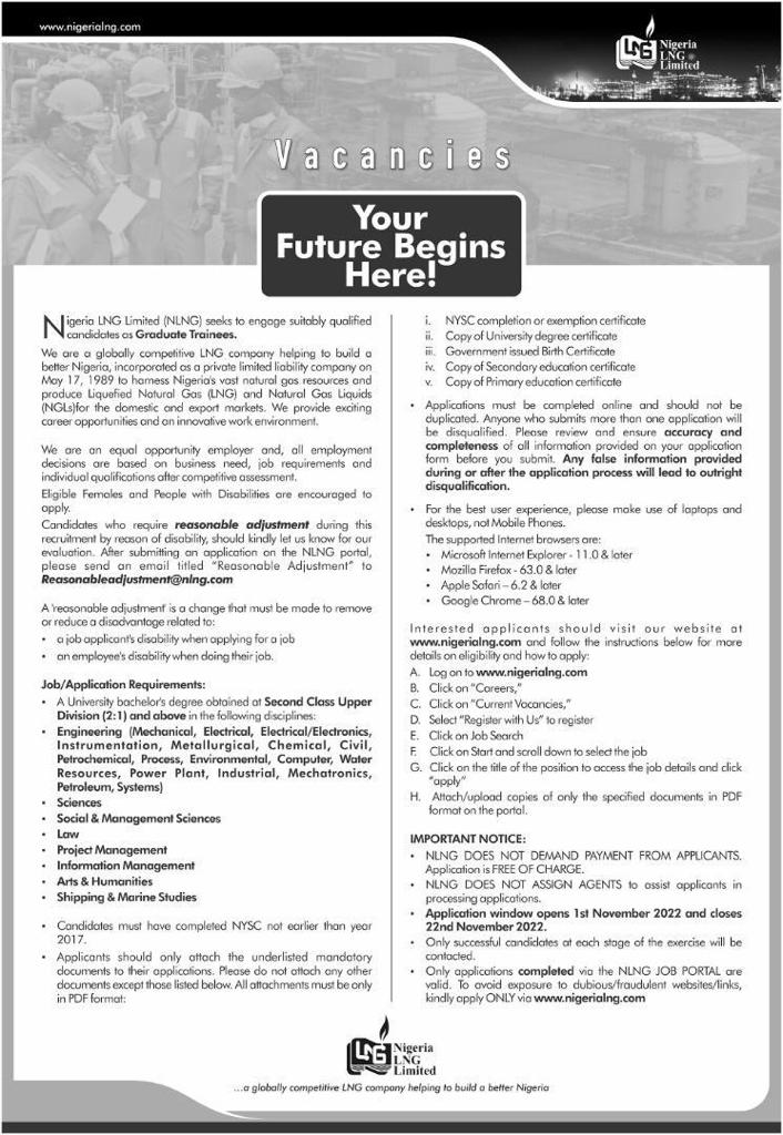 Nigeria LNG Limited Announces 2022 Graduate Trainee Recruitment - Jobs/Vacancies  - Nigeria