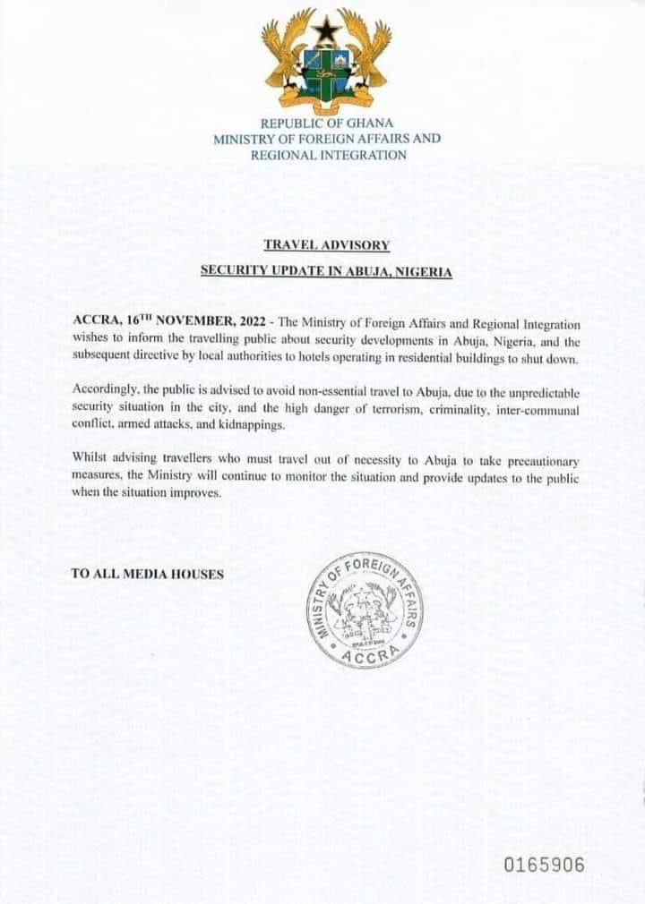 Ghana withdraws 'unauthorized' travel advisory about Abuja - Photo