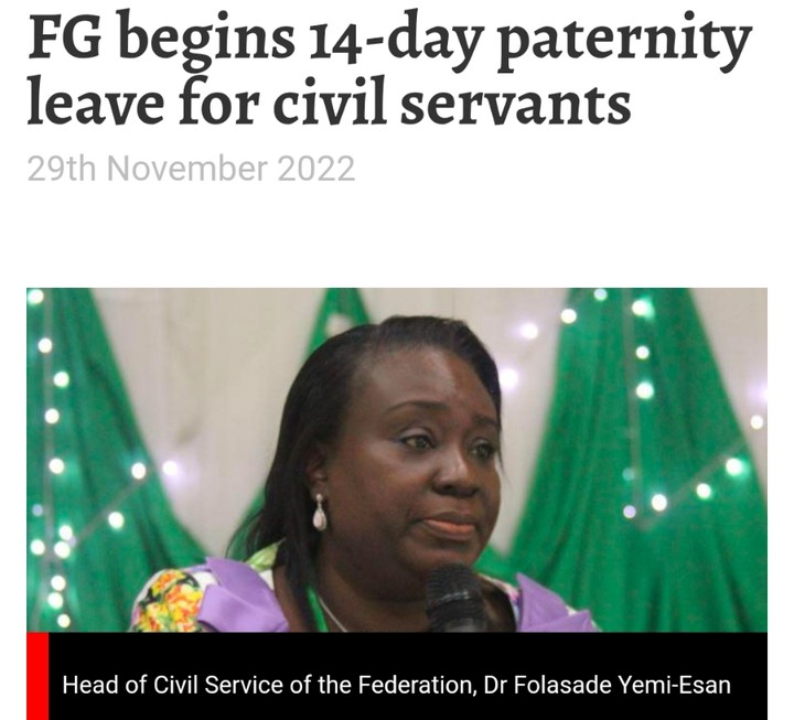 <a href="https://www.nairaland.com/7456140/fg-begins-14-day-paternity-leave#118764974">FG Begins 14-day Paternity Leave For Civil Servants</a>