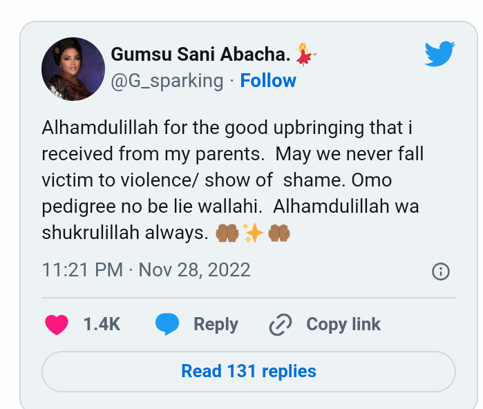 <a href="https://www.nairaland.com/7457689/aisha-buhari-gumsu-abachas-cryptic#118789275">Aisha Buhari: Gumsu Abacha’s Cryptic Tweet Over Student’s Detention</a>
