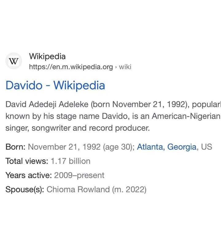 Davido Updates His Marital Status On Wikipedia After Paying Chioma's Bride  Price - Celebrities - Nigeria
