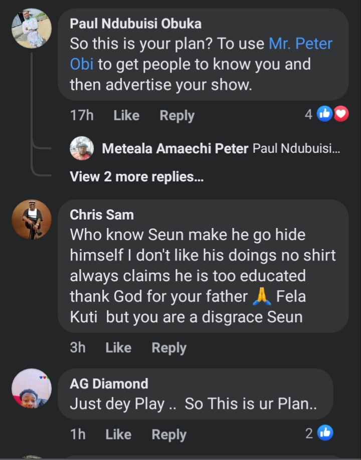 Seun Kuti Under Fire Accused Of Riding On The Coattails of Peter Obi, Peter Okoye  
