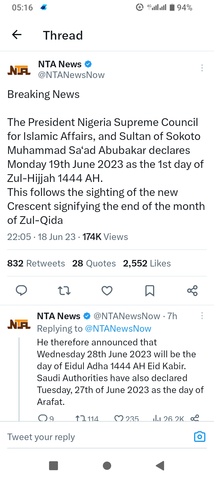 Sultan of Sokoto Muhammad Sa‘ad Abubakar declares Monday 19th June 2023 as the 1st day of Zul-Hijjah 1444 AH.