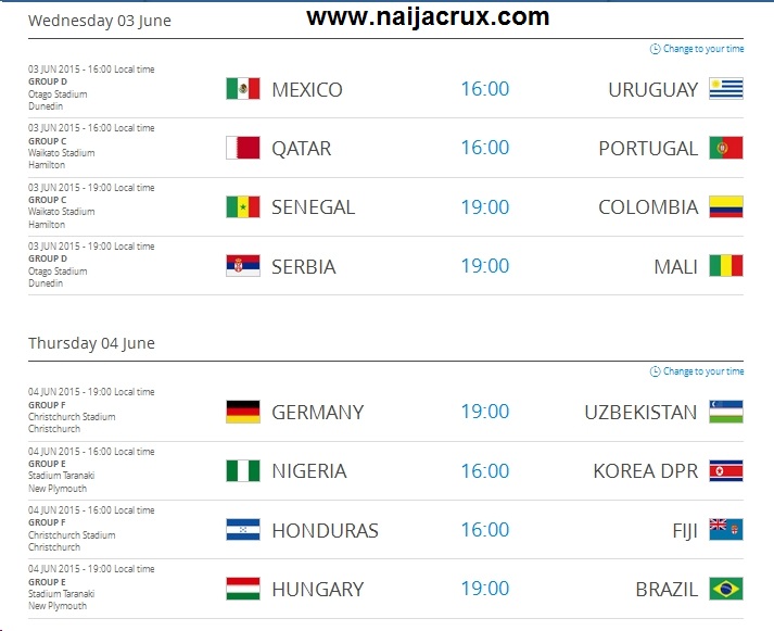 FIFA U20 World Cup New Zealand 2015 Full Time Table And Fixtures