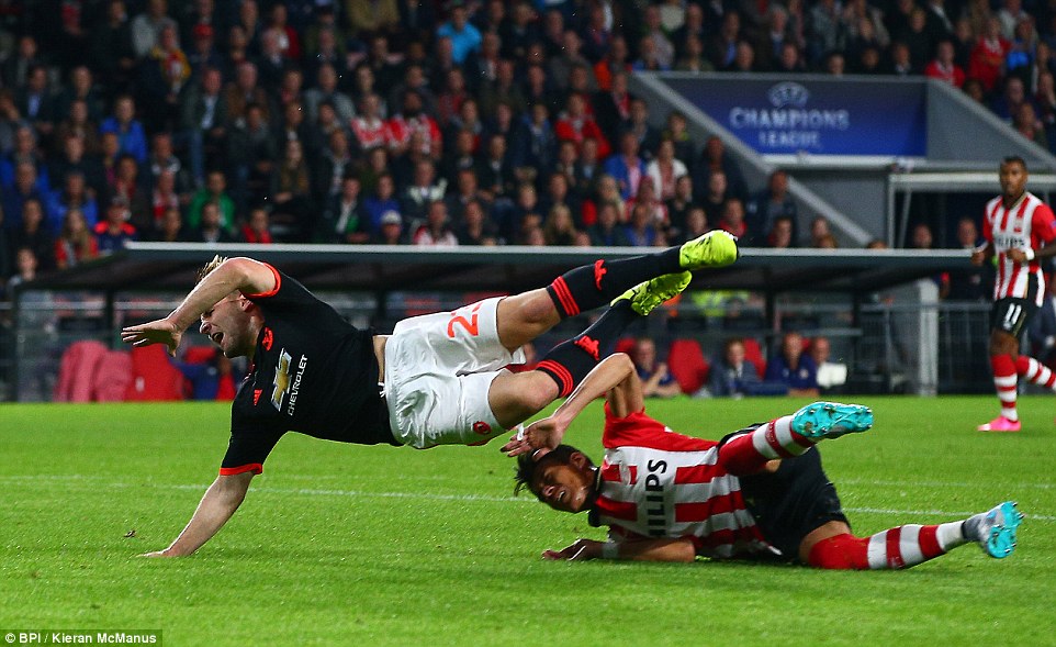 Manchester Uniteds Defender Luke Shaw With Injury In The Match Against PSV:...