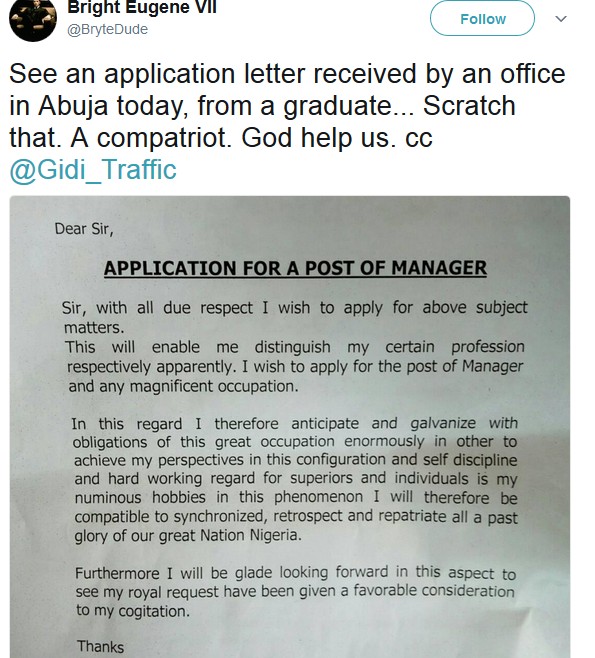 The Job Application Letter Received In An Abuja Office From A Graduate Pictured Jobs Vacancies Nigeria