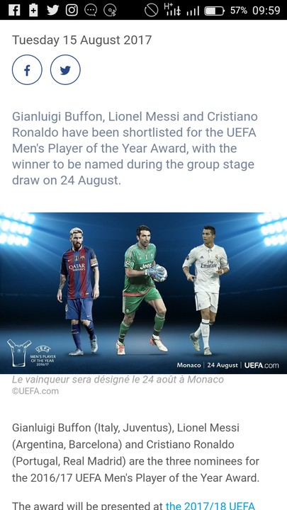 Ronaldo, Messi and Buffon on UEFA Player of the Year shortlist