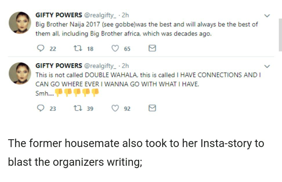 Ex Bbnaija Housemate, Gifty Slams Big Brother Naija Organizers, says this is all about connections 