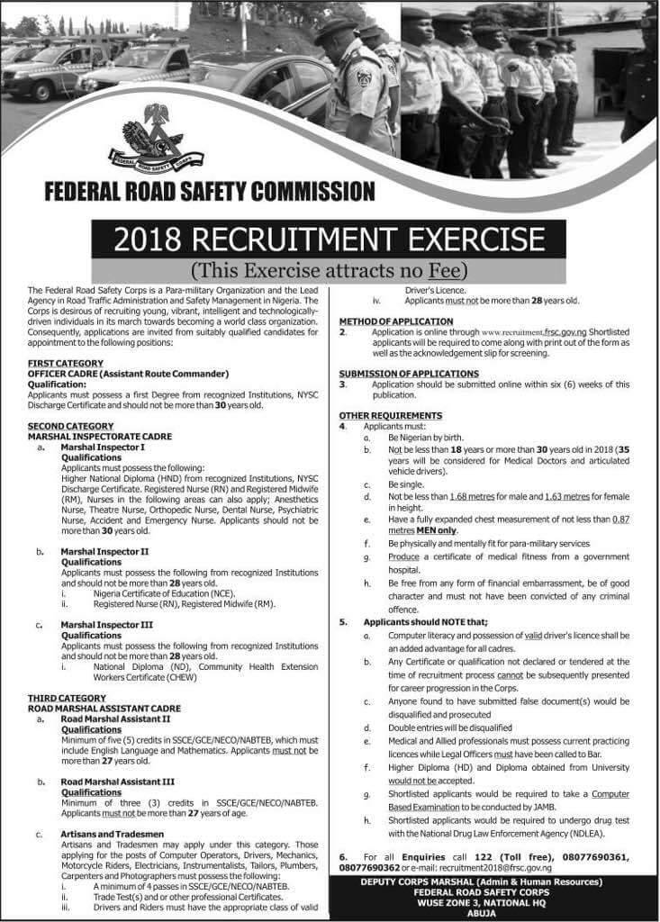 Federal Road Safety Corps 2018 Recruitment Jobs Vacancies Nigeria