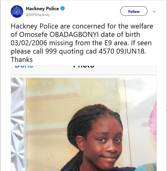 Image result for 12-year-old Nigerian girl who is currently missing in the United Kingdom. The girl identified as Omosefe Obadagbonyi