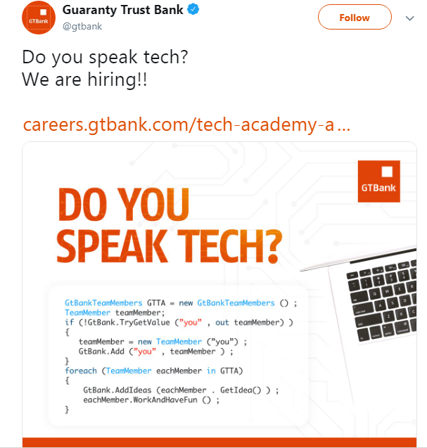 Guaranty Trust Bank Gtb Graduate Tech Academy Recruitment 2018 Jobs Vacancies Nigeria