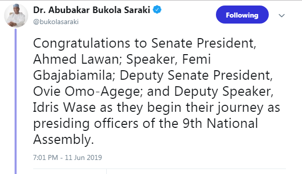 Saraki Congratulate Lawan, Omo-Agege, Femi, Others